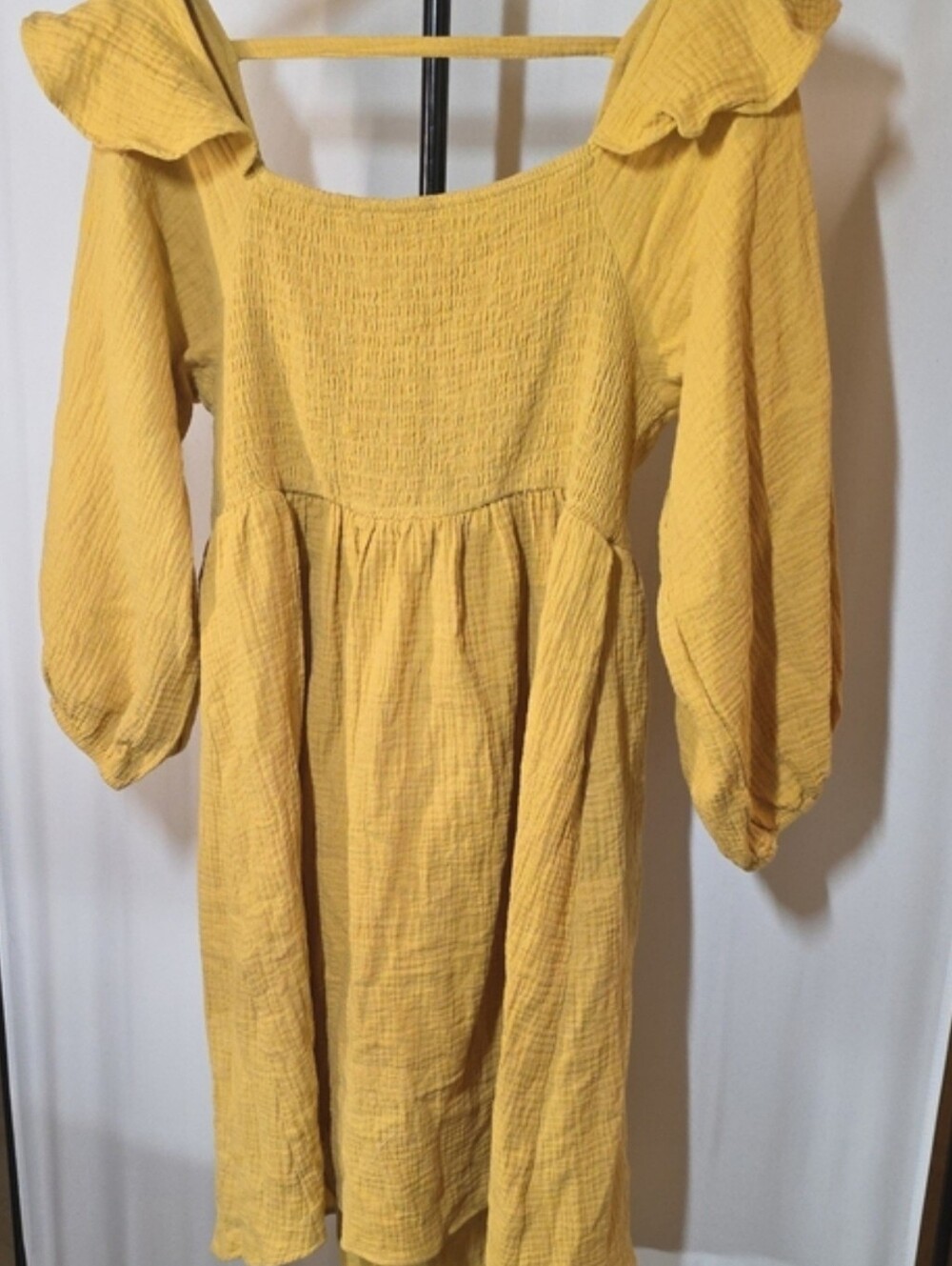Umgee Yellow Smocked Ruffle Shoulder Square-Neck Women's Dress Size S Like New